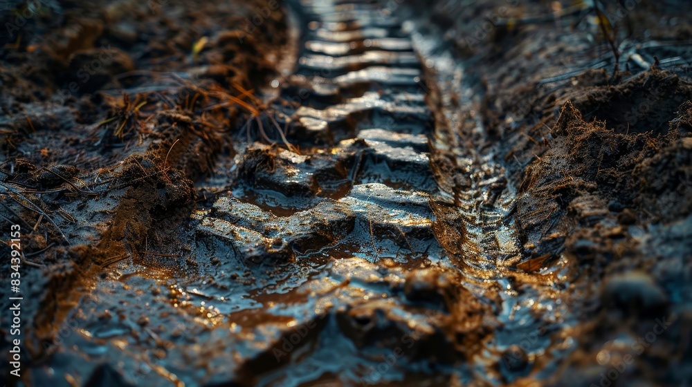 Close shot of tractor tire imprints on a muddy dirt road, highlighting the rich, dark humus and tread details Close shot of tractor tire imprints on a muddy dirt road, highlighting the rich, dark humus and tread details