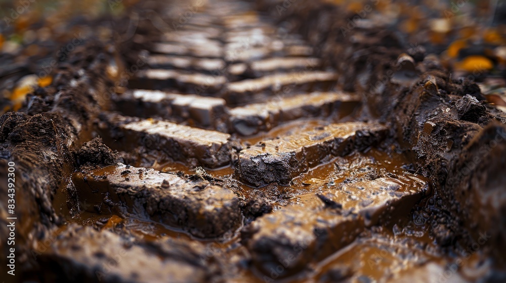 Close-up of a tractor tire track imprint in humus-rich soil, showcasing detailed textures and patterns in the dirt road mud Close-up of a tractor tire track imprint in humus-rich soil, showcasing detailed textures and patterns in the dirt road mud