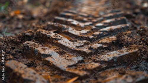 Close-up of a tractor tire track imprint in humus-rich soil  showcasing detailed textures and patterns in the dirt road mud