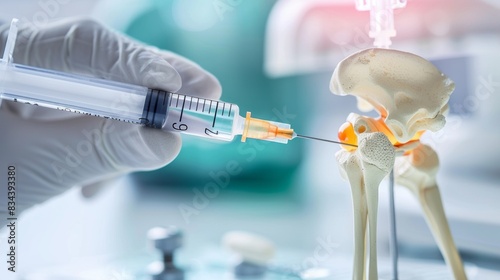 Facet joint injection, therapy against backbone injury or pain. Close-up of vertebrae with a syringe isolated on a white background 3D rendering illustration. 
