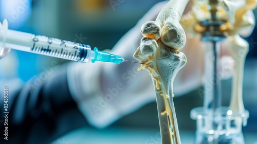 Facet joint injection, therapy against backbone injury or pain. Close-up of vertebrae with a syringe isolated on a white background 3D rendering illustration. 