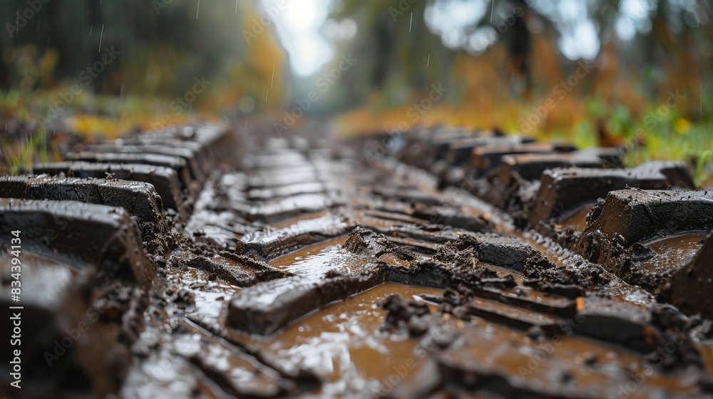 Close-up view of deep tractor tire tracks in wet humus, showing the intricate details of the muddy dirt road imprint