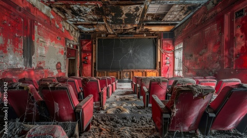 Deserted retro cinema with red-black fabric walls, cobweb-covered seats, and an old, unused screen, somber mood photo