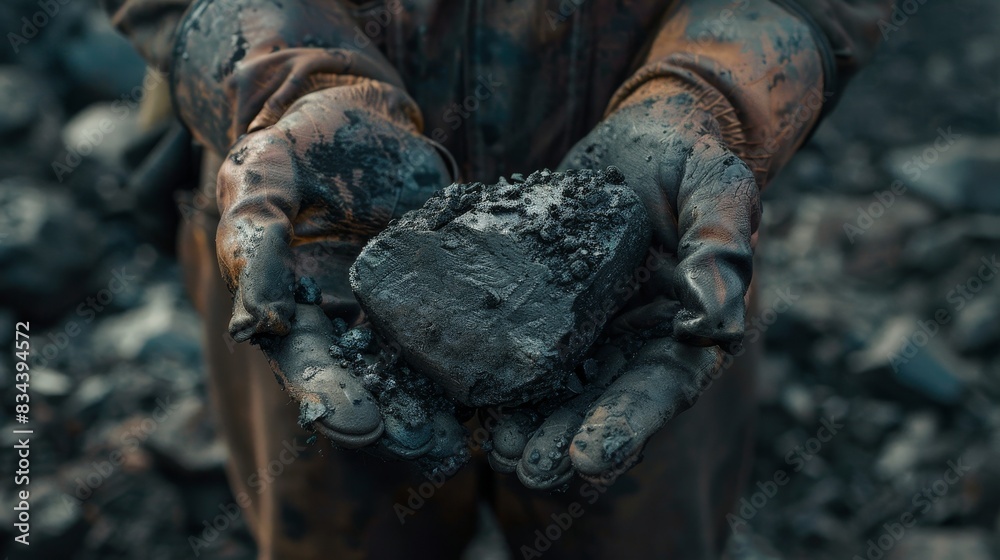 Detailed portrait of a coal miner holding a piece of coal, highlighting the contrast between the black coal and worn, calloused hands Detailed portrait of a coal miner holding a piece of coal, highlighting the contrast between the black coal and worn, calloused hands