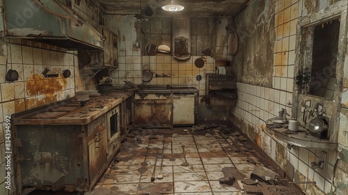 Disused bunker kitchen, with rusted utensils, cracked tiles, and an air of desolation, frozen in time