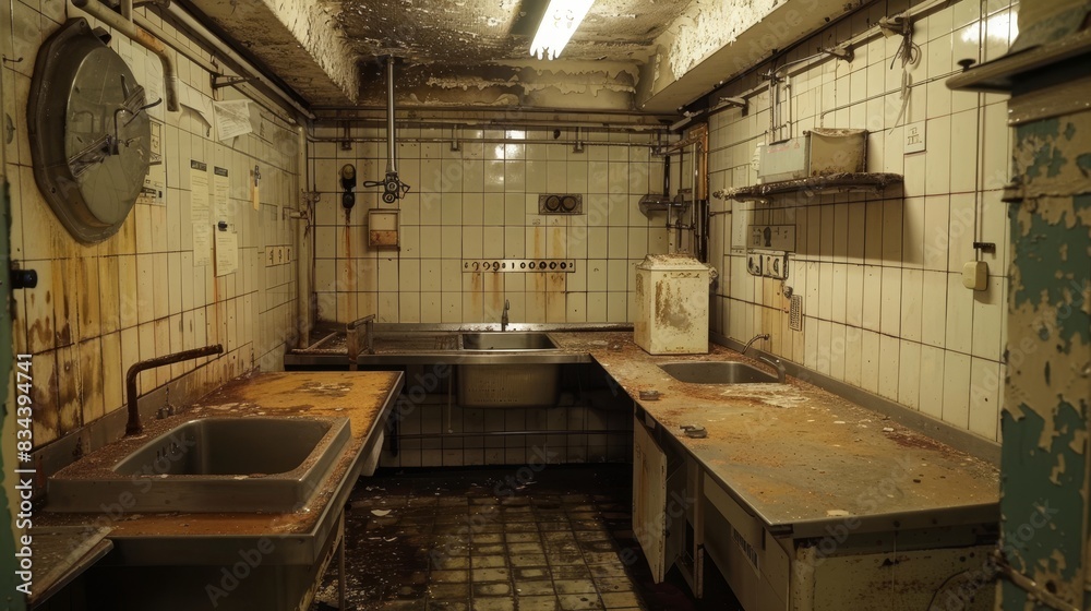 Eerie kitchen in a disused bunker, featuring corroded sinks, faded linoleum, and a pervasive sense of abandonment