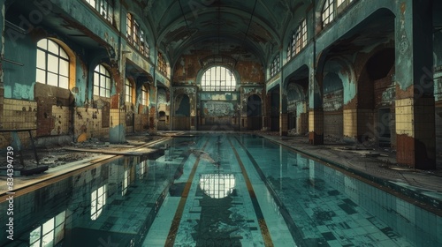Eerie  empty indoor pool  with vintage charm and decaying structures  bathed in dramatic light from cracked windows