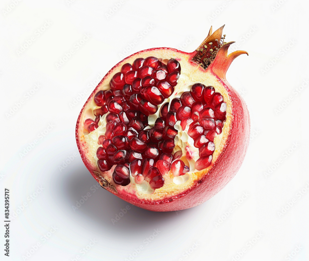 A cut pomegranate with seeds visible, isolated on white background A cut pomegranate with seeds visible, isolated on white background