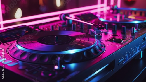 Nightclub DJ Setup, Controller Illuminated by Vibrant Neon Lights. club background wallpaper