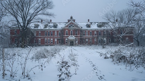 Ghostly psychiatric ward, abandoned and decaying, with snow blanketing the surface, adding to the eerie ambiance photo