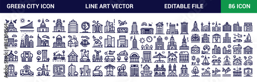 Green city icons. Sustainable development green city icon. Editable stroke. vector illustration.