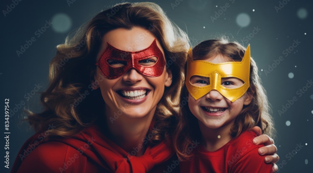 Mother and her child playing together in Superhero costumes. Mum and kid having fun at home, smiling and hugging. Family holiday and togetherness. Mother and her child playing together in Superhero costumes. Mum and kid having fun at home, smiling and hugging. Family holiday and togetherness.