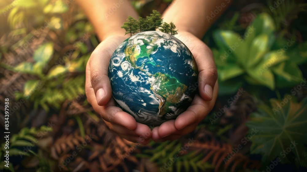 An Environmental protection with hands covering the earth decorated with greenery. Contrasting with the tropical summer landscape Symbol of the importance of ecological conservation