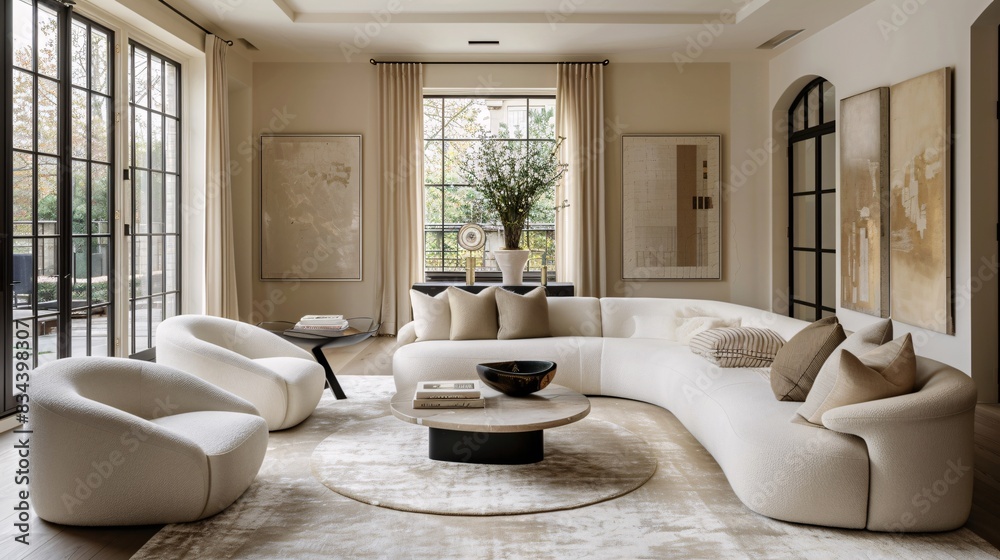 A serene living room adorned with modern furniture and neutral tones, creating a calming atmosphere.