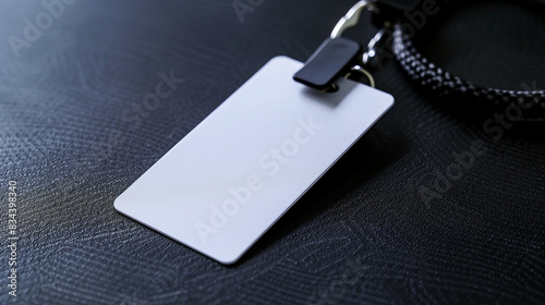 **A white rectangular ID card with lanyard on a black background in a closeup shot. The matte ID has no design or print on it. It is a plain and blank badge that could be used for various factory or h