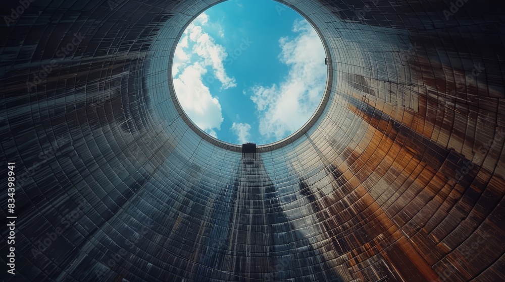 Looking up inside a cooling tower with a view of the blue sky ...