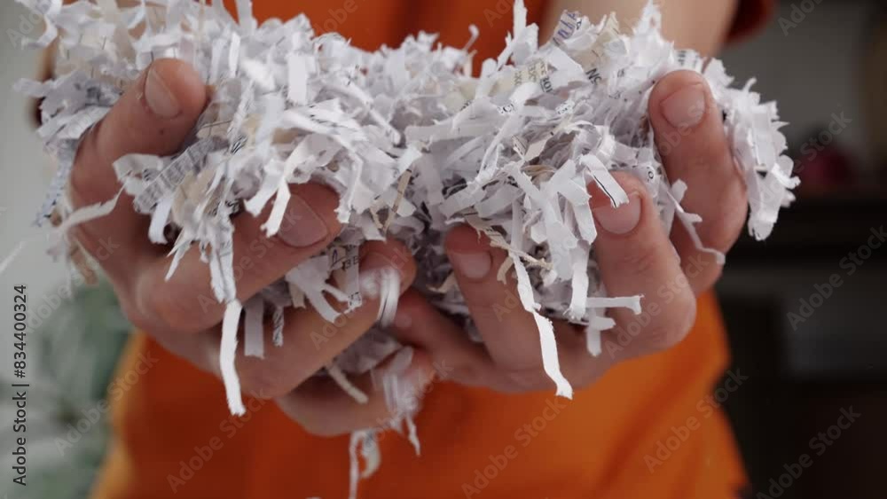 Shredded paper office documents in worker hands Shredded paper office documents in worker hands