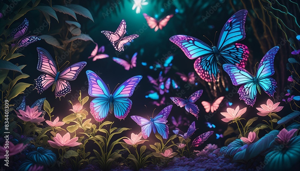 A serene garden filled with neon butterflies in shades of pink, blue, and yellow. The butterflies are hovering
