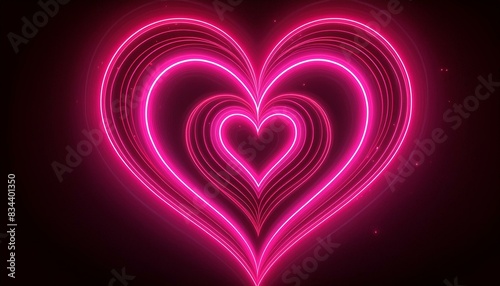A vibrant pink neon sign shaped like a heart with the word 'Love' in cursive, glowing bright