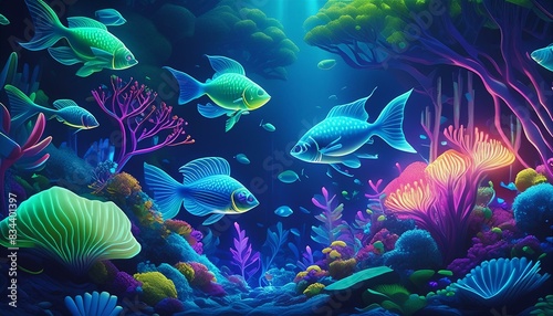 An underwater scene with neon fish swimming among glowing coral reefs. The background 