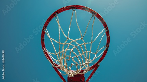 Upward perspective of a basketball hoop with the net swaying gently, set against a bright blue sky © Alpha
