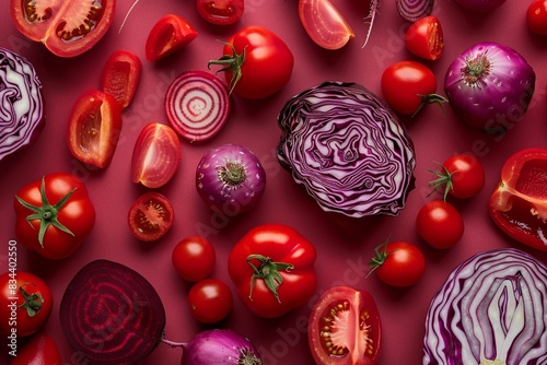 top view pattern of red cabbage, tomato’s , red beetroot , red bell pepper red radish isolated on dark red matte background with copy space photo