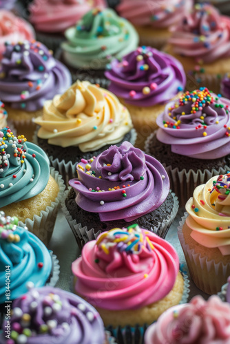 An assortment of decorated cupcakes, tightly packed to fill the entire frame. Each cupcake is topped with different colorful icing and sprinkles, showcasing a range of colors and designs © grey