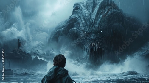 Frightening close shot of a man facing a horrifying monster, set against the backdrop of a dark, stormy night photo