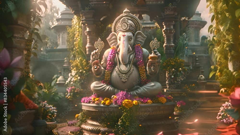 Ganesha Statue in Lush Temple Garden with Ai generated. 
 