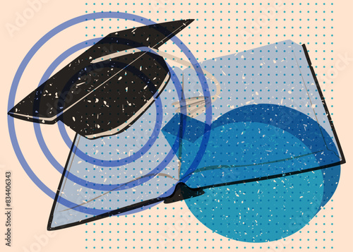 Risograph Book and Graduation cap with speech bubble with geometric shapes. Objects in trendy riso graph print texture style design with geometry elements.