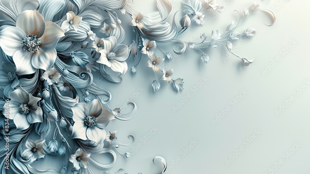 A sparkling silver background with elegant curls and a central area for writing. - Event decoration background A sparkling silver background with elegant curls and a central area for writing. - Event decoration background