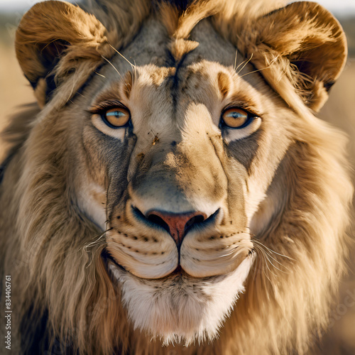 Closeup of friendly happy lion with smiling face