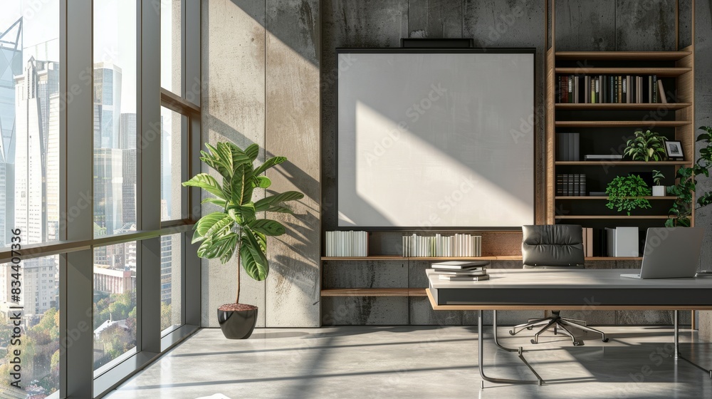 Contemporary Office with Mockup Banner, Shelves, and City Views: AI-Generated 3D Rendering Contemporary Office with Mockup Banner, Shelves, and City Views: AI-Generated 3D Rendering