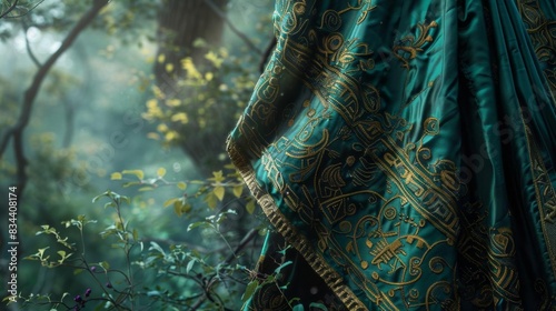 Elegant green and gold patterned cloth draped in a mystical forest setting, capturing a serene and enchanted ambiance. photo