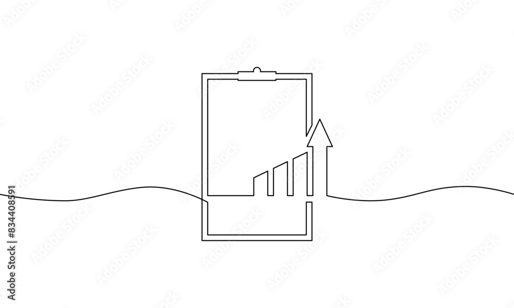 Continuous line drawing of clipbard . business growth graph. Illustration vector of increasing arrow. single line art of bar chart. object one line of sign symbol Continuous line drawing of clipbard . business growth graph. Illustration vector of increasing arrow. single line art of bar chart. object one line of sign symbol