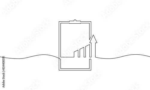 Continuous line drawing of clipbard . business growth graph. Illustration vector of  increasing arrow. single line art of  bar chart. object one line of sign symbol