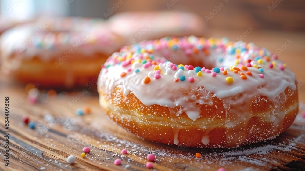 Mouth-watering donut with icing, captured up close with a blurred background, leaving room for promotional text