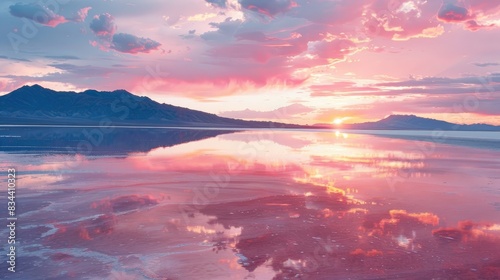 Pink hued salt lake during sunset