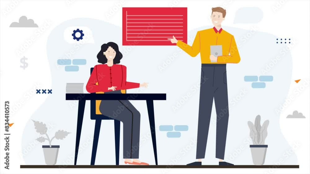 people discussing work process flat illustration of team planning. business animated illustration. business animation video people discussing work process flat illustration of team planning. business animated illustration. business animation video