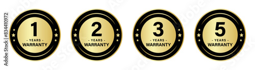 1, 2, 3 and 5 years warranty stamp with stars in circle for product quality assurance in golden color. 1, 2, 3, and 5-year warranty label or seal flat icon in gold and black color Vector Illustration.
