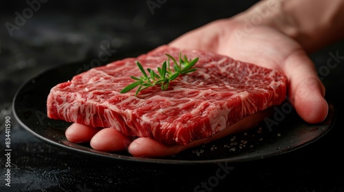 Raw wagyu meat in a hand, close-up, isolated background, studio lighting, ample room for text, optimized for advertisements photo