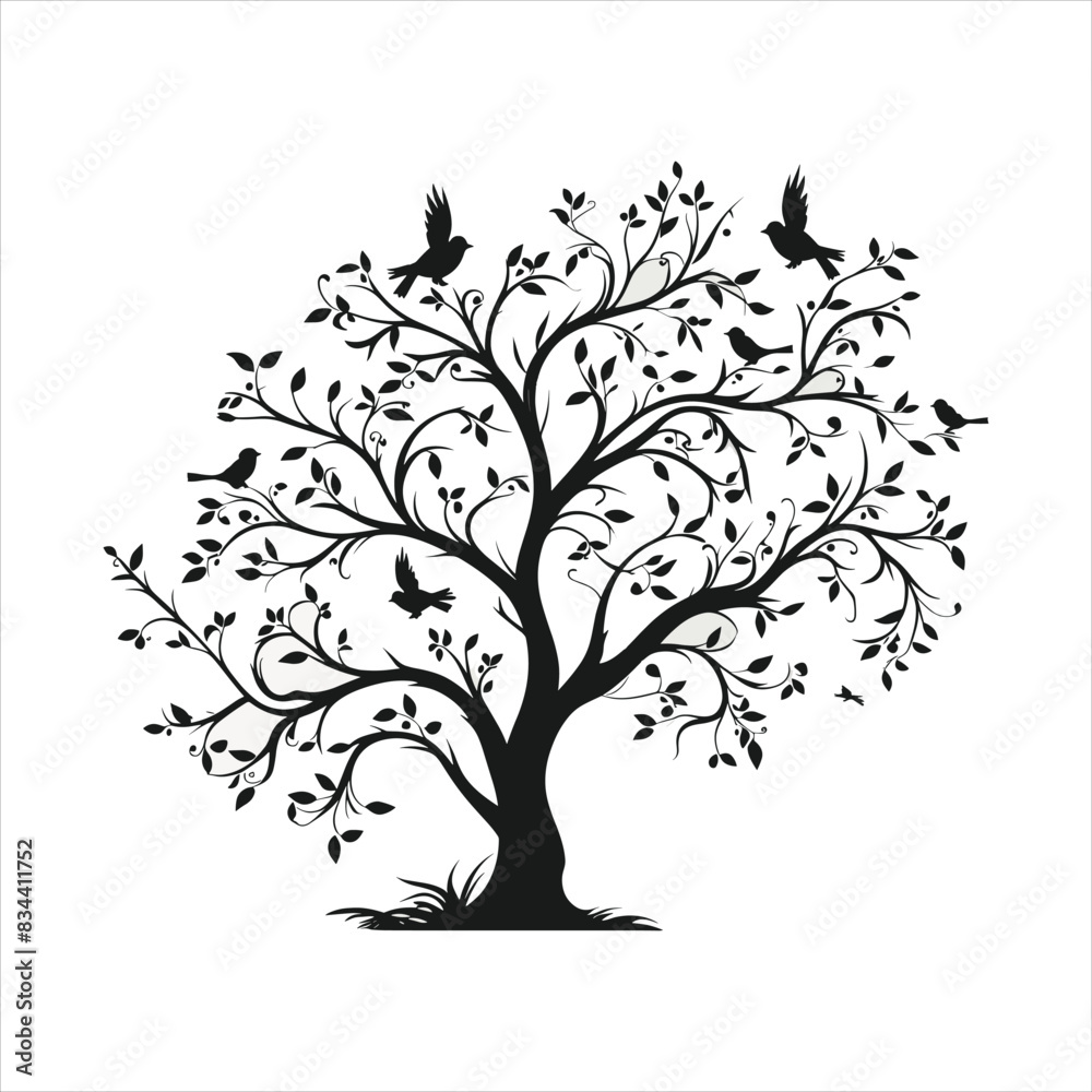 A single black tree silhouettes with birds on white background A single black tree silhouettes with birds on white background