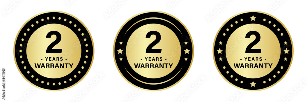 2-year warranty stamp logo in three different styles with stars to ensure product quality, available in gold and black colors. 2-year warranty stamp logo in three different styles with stars to ensure product quality, available in gold and black colors.