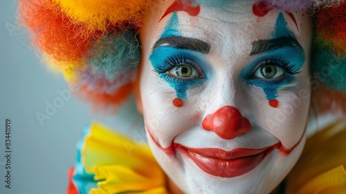 Smiling clown with colorful makeup, holding a banner with free copy space for text, set against a gray background