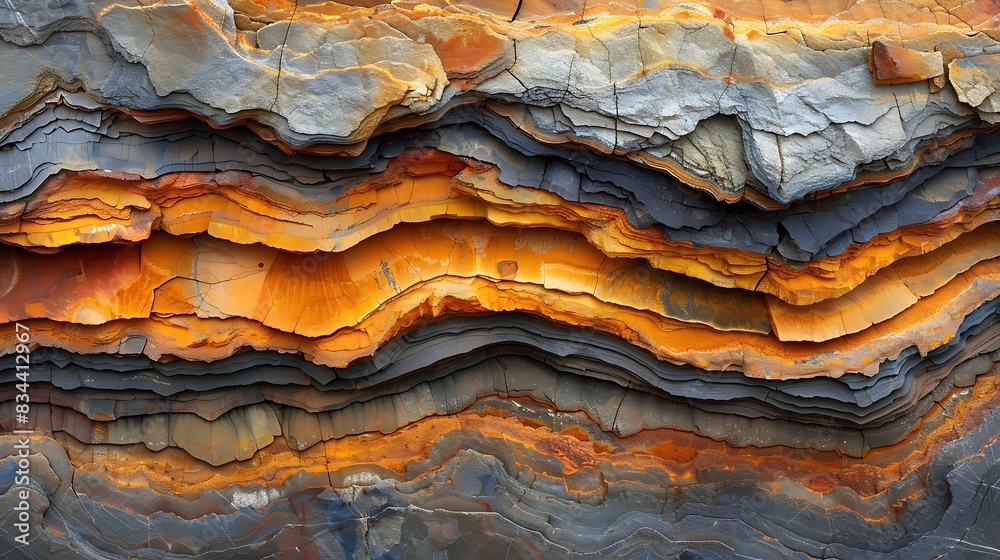 A detailed abstract of sedimentary rock layers, showcasing stratified layers with varying colors and patterns, formed over centuries, rich earthy tones, intricate textures.