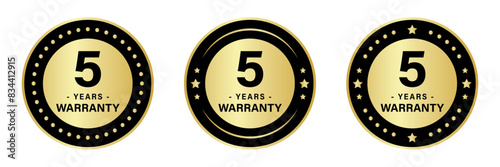 5 year warranty stamp logo in three different styles with stars to ensure product quality, available in gold and black colors.