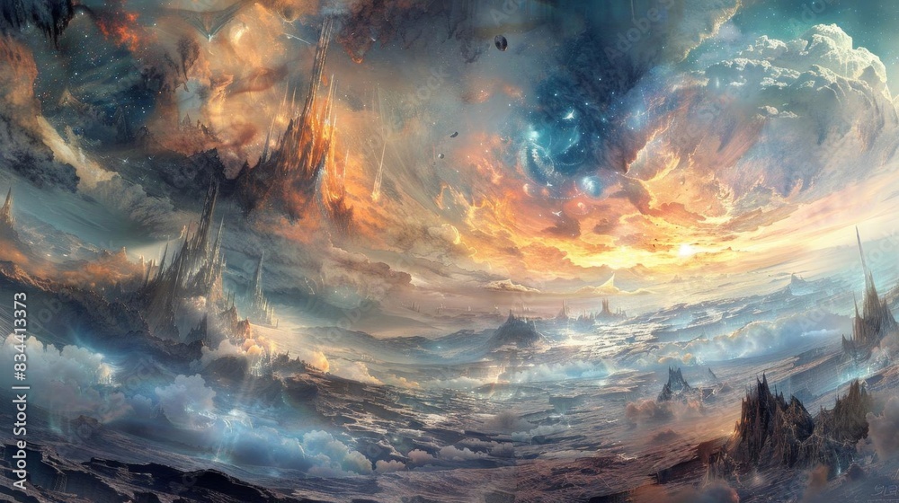 Fototapeta premium Surreal, fantasy landscape with dramatic clouds, otherworldly mountains and swirling skies, creating a mesmerizing and dreamlike atmosphere.