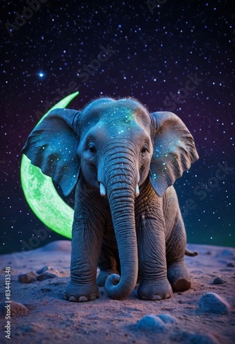Elephant under starry night with crescent moon