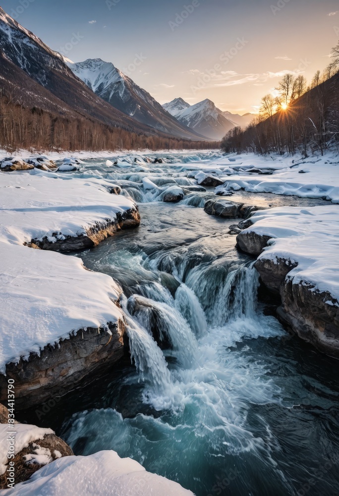 Winter Waterfall in the Mountains at Sunset Winter Waterfall in the Mountains at Sunset