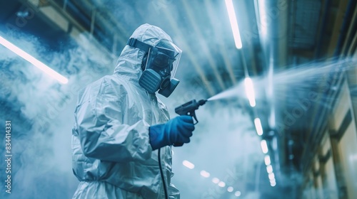 Worker in protective gear using a paint spray gun to coat a metal structure in a spacious industrial facility, paint mist creating a dramatic effect